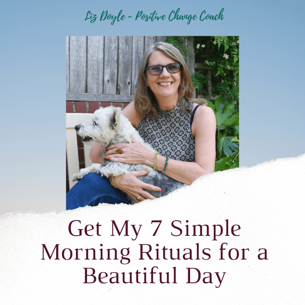 Image of Liz Doyle and her dog, Alf, with text; Get My 7 Simple Morning Rituals for a Beautiful Day