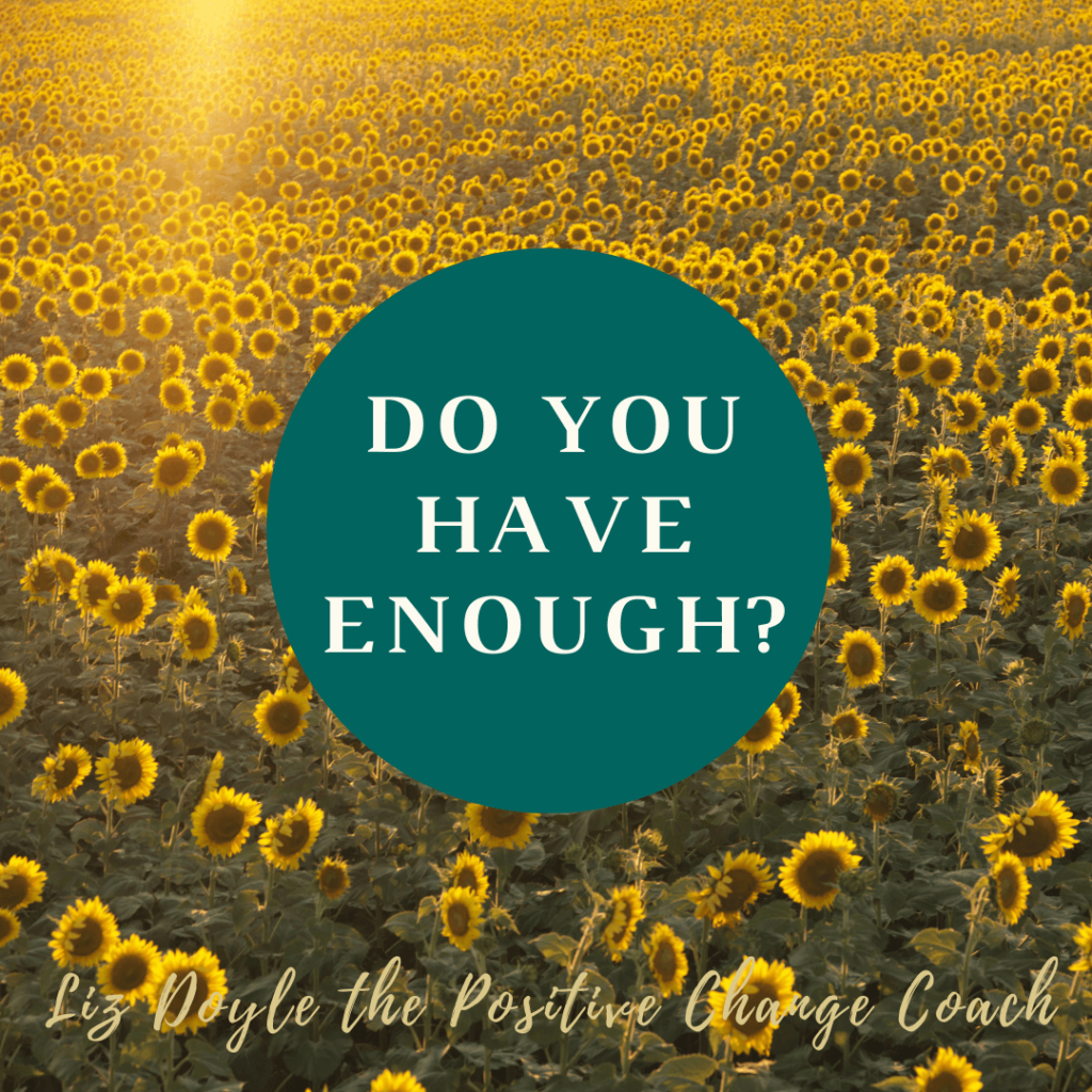 Photo of a field of sunflowers and text Do you have enough? and Liz Doyle the Positive Change Coach. This accompanies the blog - Do you feel you don’t have enough?