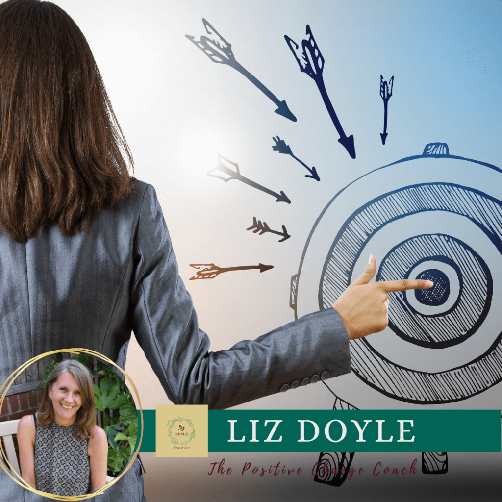 High Achievers. An image of a woman pointing to the centre of a target board. And an image of Liz Doyle the positive change coach