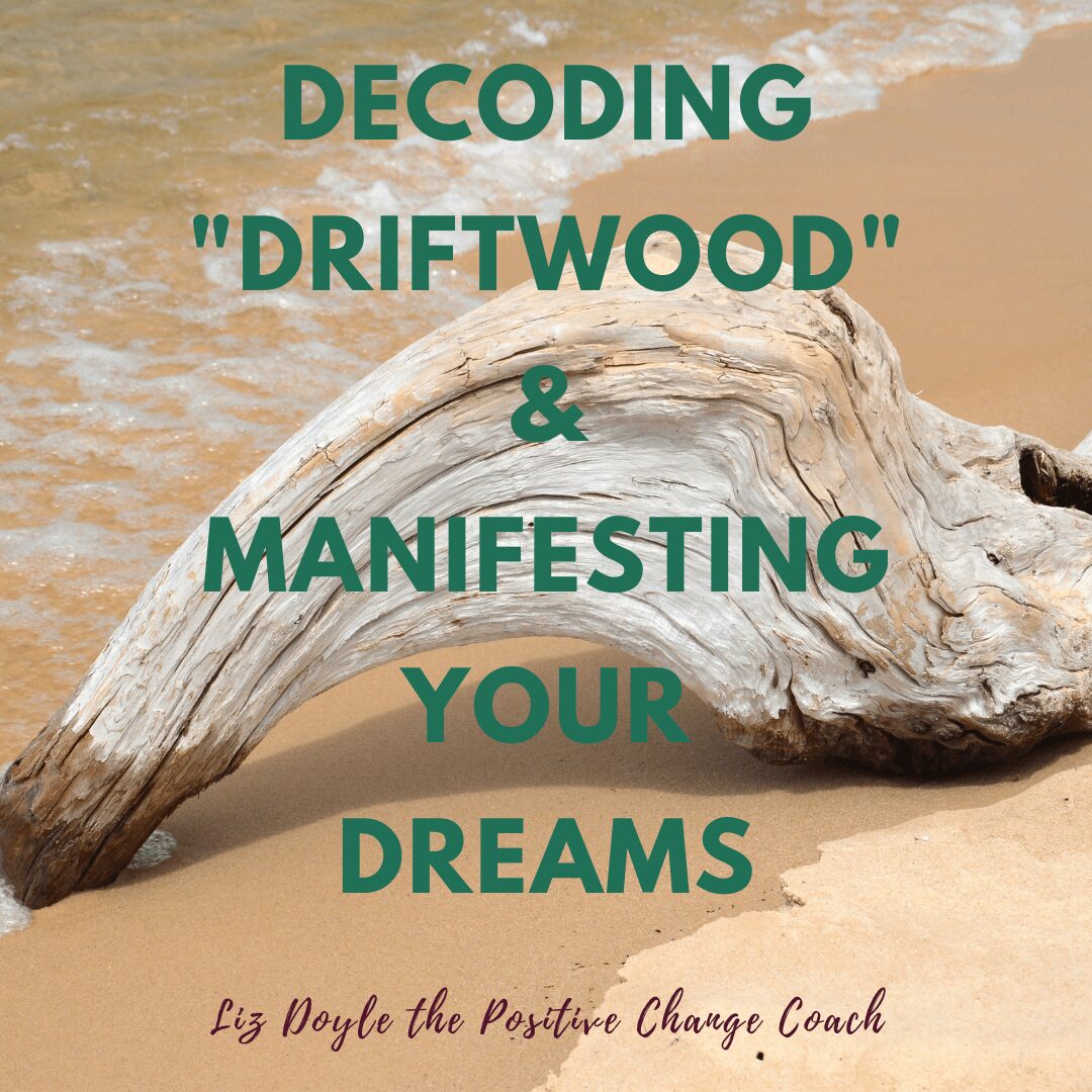 Picture of driftwood with words - Decoding-Driftwood-Manifesting-Your-Dreams & Liz Doyle the Positive Change Coach